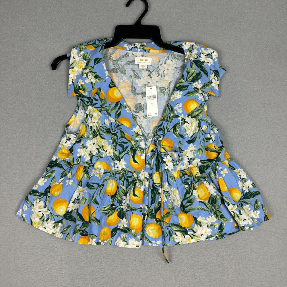 Maeve x Anthropologie Womens Small Babydoll Blouse Top Blue Floral Lemon‎ Summer
